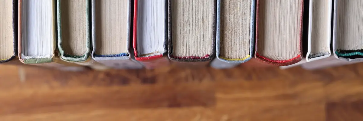 Reihe von juristischen Fachbüchern auf einem Holztisch in einem Kanzlei-Büro