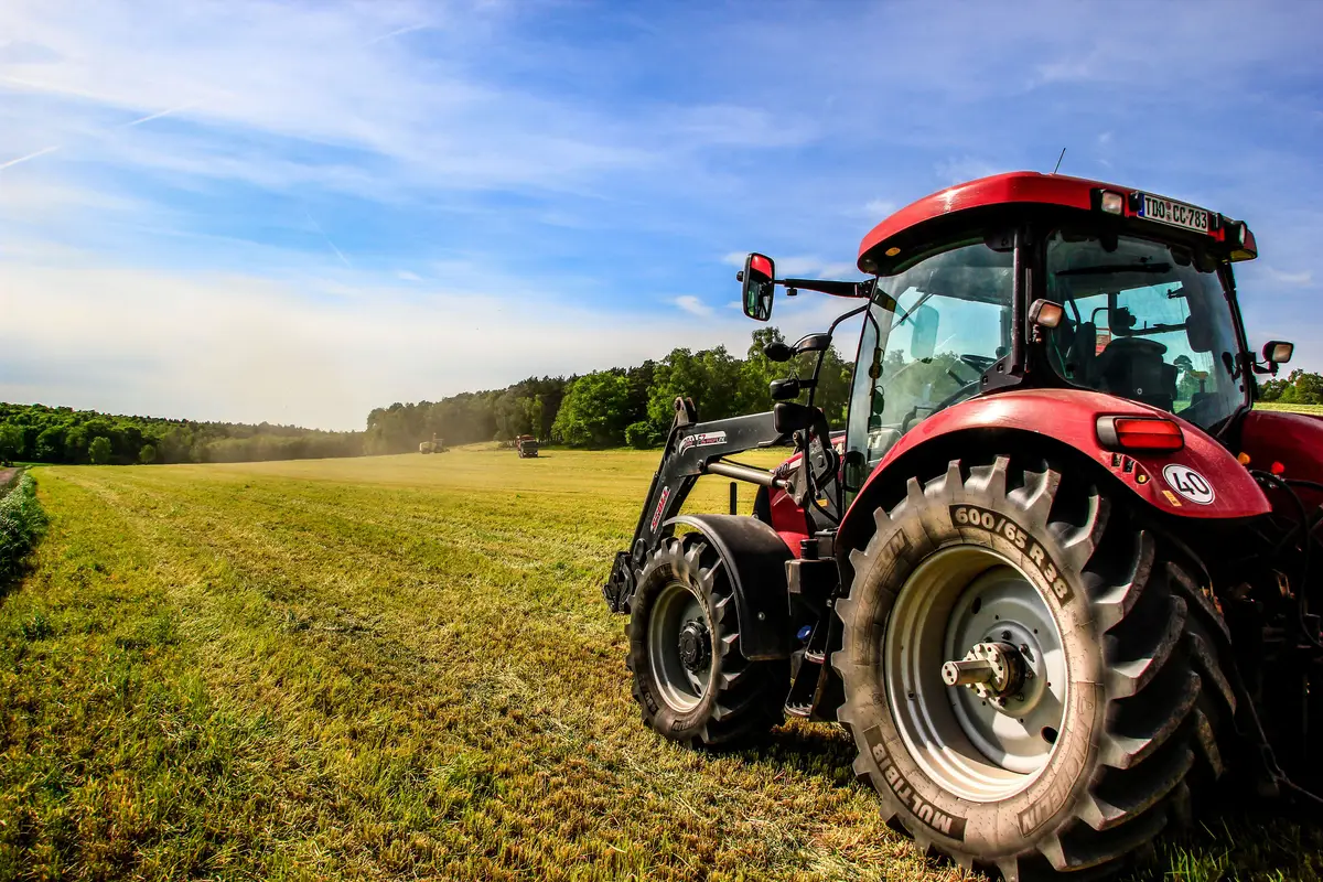 Roter Traktor auf einer grünen Wiese bei blauem Himmel