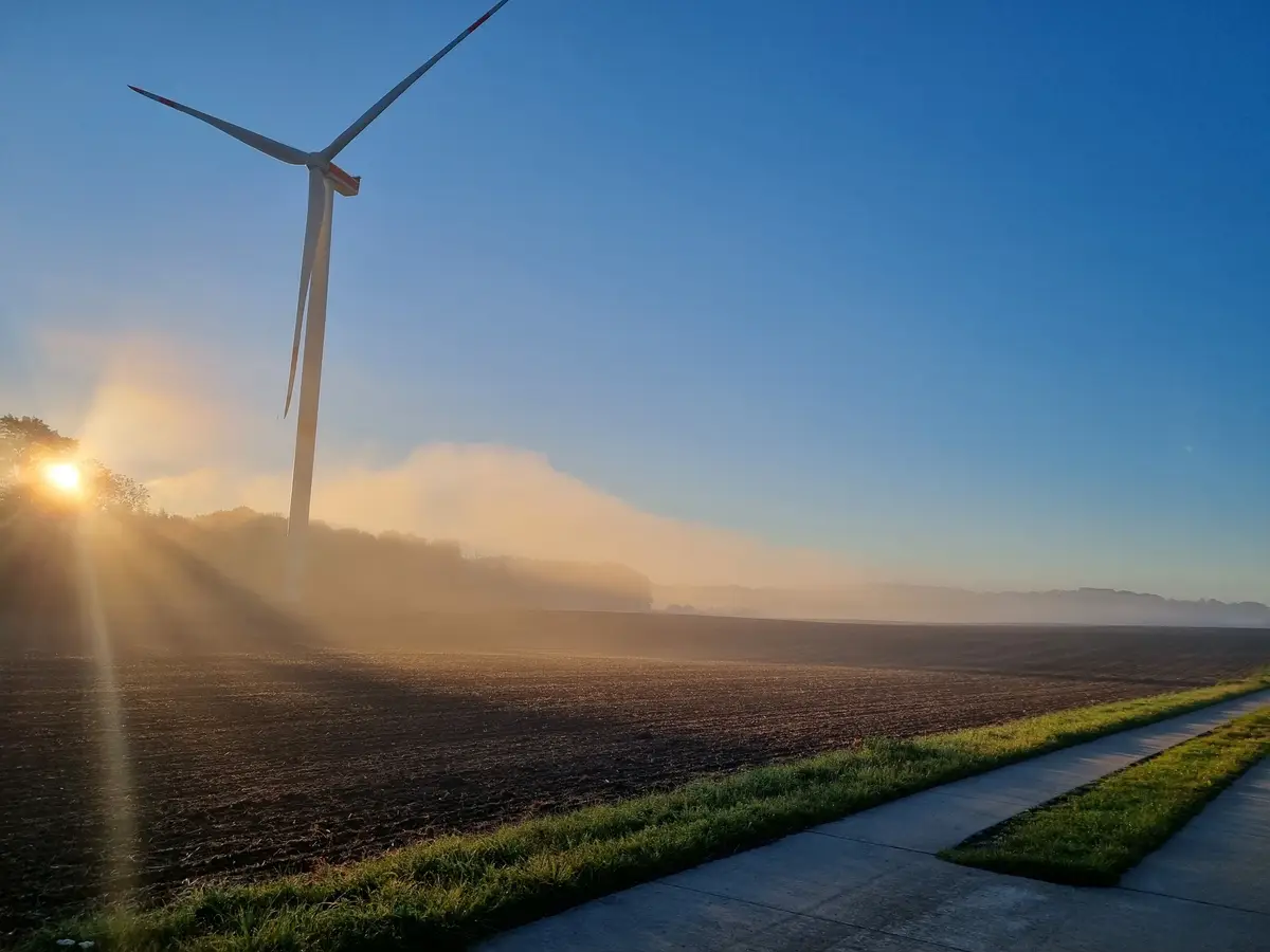 Windrad in ländlicher Feldlandschaft bei Sonnenaufgang mit Nebel und Weg